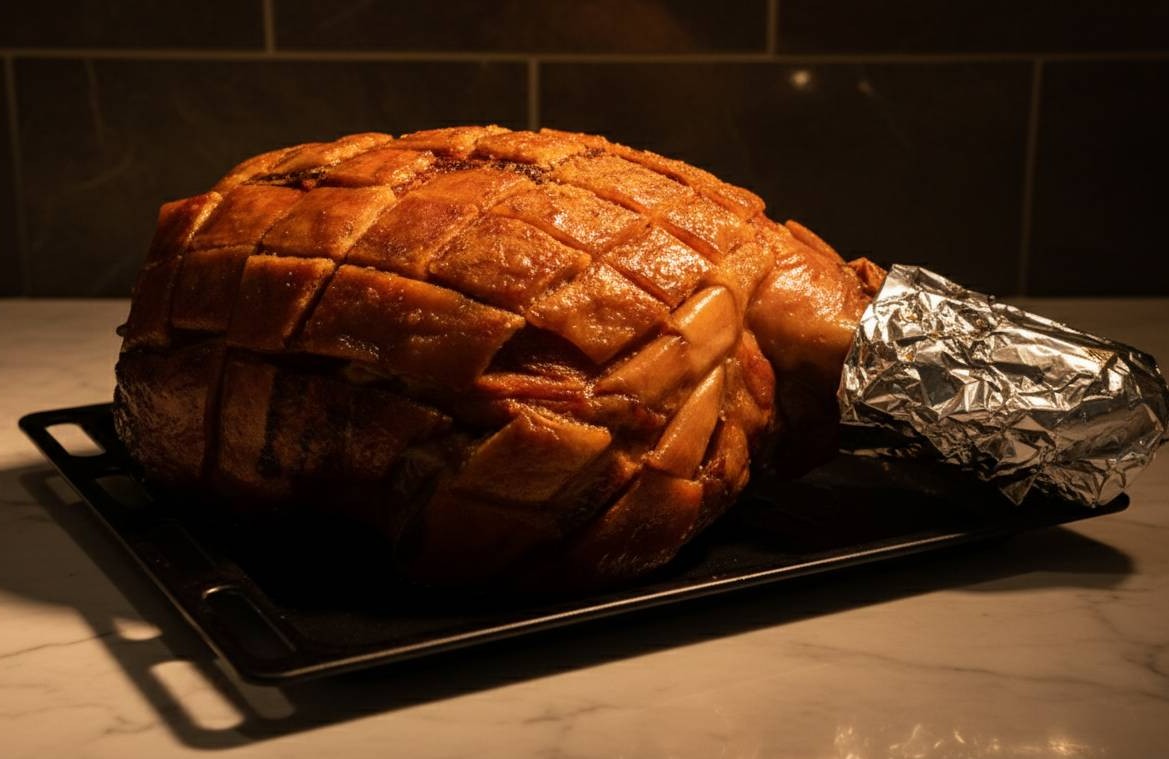 Pernil de cerdo glaseado recién salido del horno sobre bandeja negra